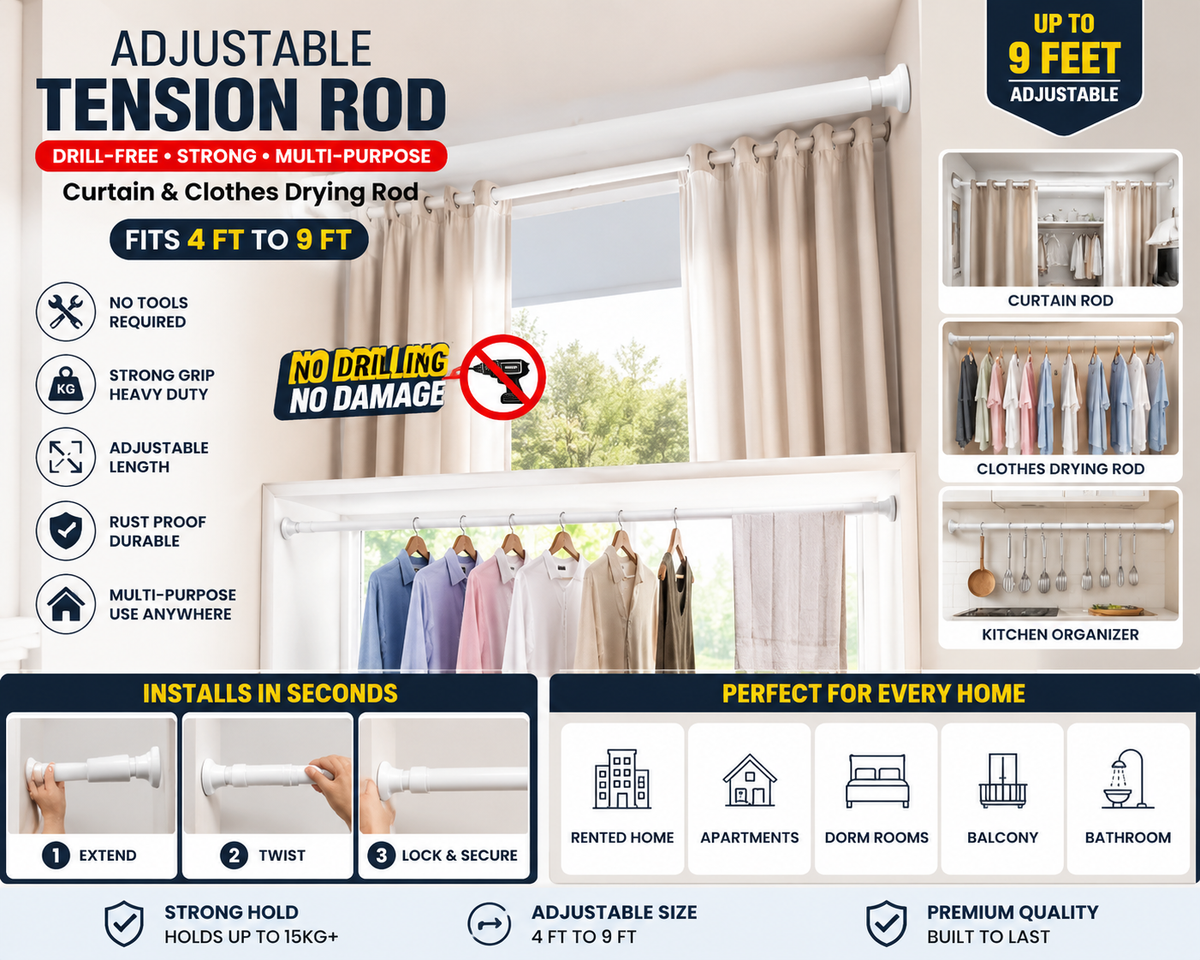 Adjustable Tension Rod – Drill-Free Curtain & Clothes Drying Rod (Up to 9 Feet)