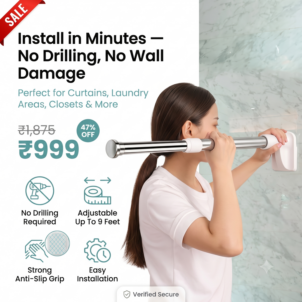 Adjustable Tension Rod – Drill-Free Curtain & Clothes Drying Rod (Up to 9 Feet)
