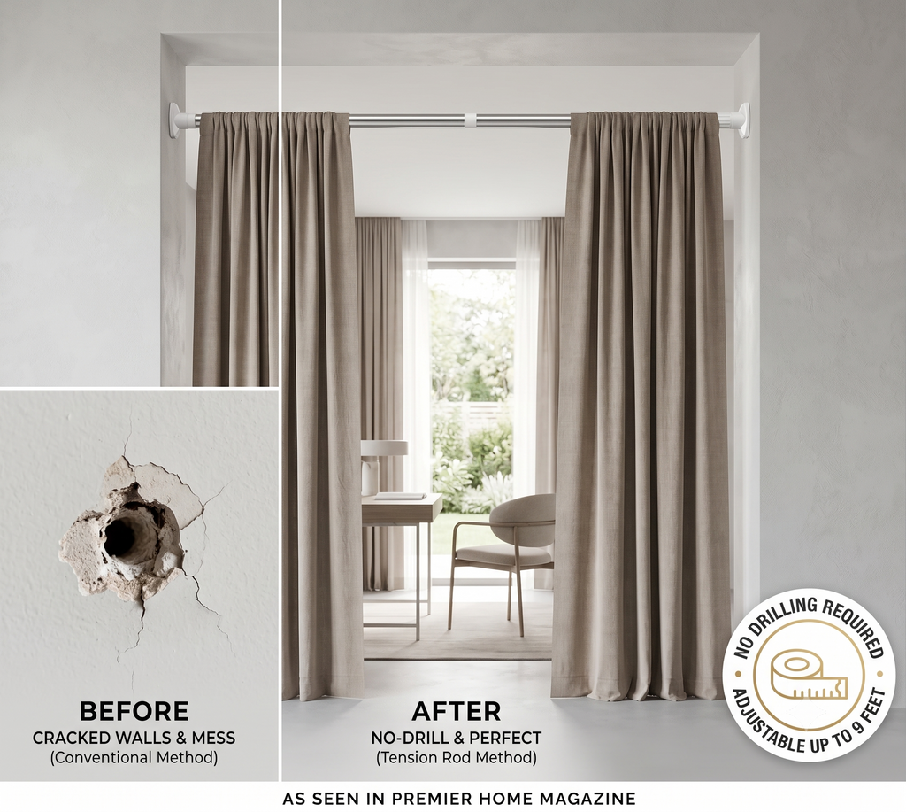 Adjustable Tension Rod – Drill-Free Curtain & Clothes Drying Rod (Up to 9 Feet)