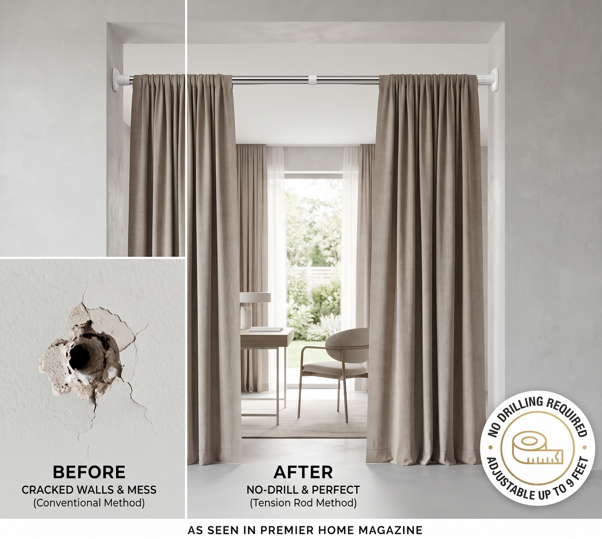 Adjustable Tension Rod – Drill-Free Curtain & Clothes Drying Rod (Up to 9 Feet)