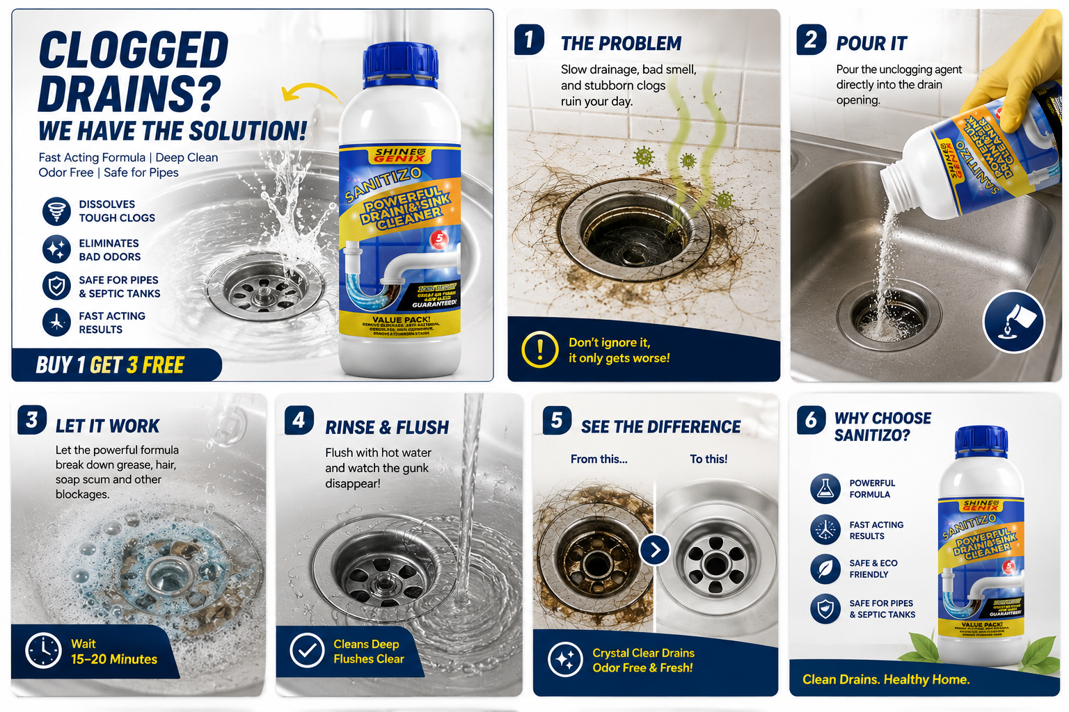 PowerDrain™ Fast-Acting Drain & Sink Cleaner – Clears Hair, Grease & Tough Clogs (Pack of 4)