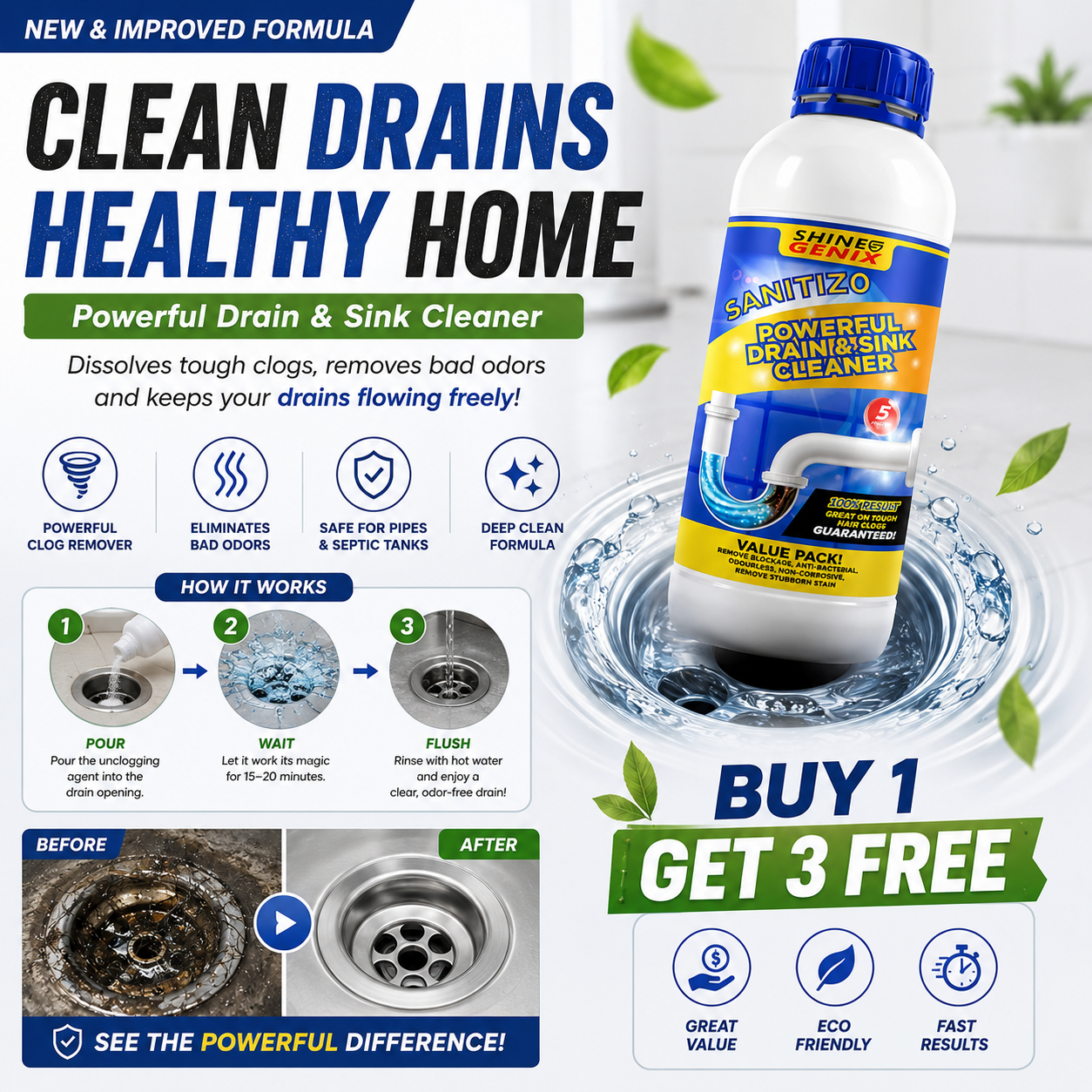 PowerDrain™ Fast-Acting Drain & Sink Cleaner – Clears Hair, Grease & Tough Clogs (Pack of 4)