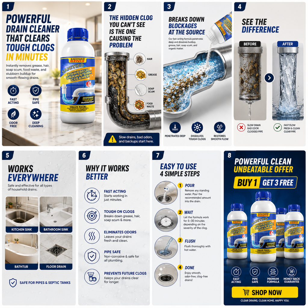PowerDrain™ Fast-Acting Drain & Sink Cleaner – Clears Hair, Grease & Tough Clogs (Pack of 4)