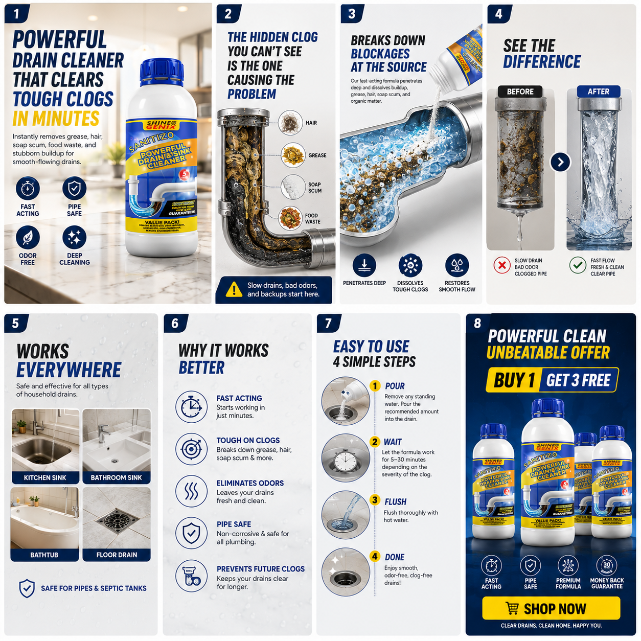 PowerDrain™ Fast-Acting Drain & Sink Cleaner – Clears Hair, Grease & Tough Clogs (Pack of 4)