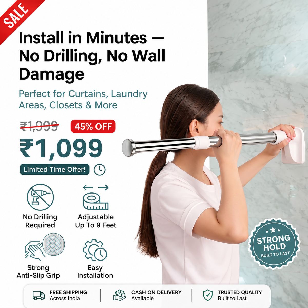 Adjustable Tension Rod – Drill-Free Curtain & Clothes Drying Rod (Up to 9 Feet)